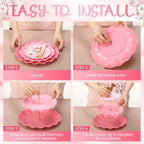FoldTier 6 Pack Cupcake Stand Set 3 Pcs 3 Tier Gradient Dessert Table Display Stands Cookie Tray Rack 3 X14 in Rectangle Party Trays for Wedding Birthday Tea Party Baby Shower (Pink,Round) - Image 4