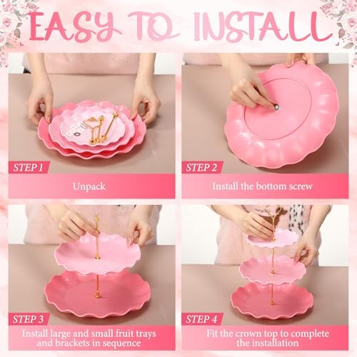 FoldTier 6 Pack Cupcake Stand Set 3 Pcs 3 Tier Gradient Dessert Table Display Stands Cookie Tray Rack 3 X14 in Rectangle Party Trays for Wedding Birthday Tea Party Baby Shower (Pink,Round) - Image 4