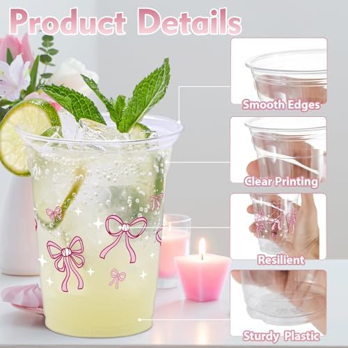 100 Pcs Pink Bow Plastic Cups, 12 oz Cute Bow Drinking Cups Pink Bow Clear Disposable Plastic Cups for Bridal Shower Wedding Birthday Party Supplies - Image 3