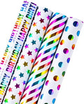 WRAPAHOLIC 30 Inch Birthday Wrapping Paper Roll - Colorful Foil Happy Bday Design for Birthday, Wedding, Baby Shower - 4 Rolls - 30 inch x 120 inch Per Roll by WRAPAHOLIC