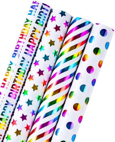 WRAPAHOLIC 30 Inch Birthday Wrapping Paper Roll - Colorful Foil Happy Bday Design for Birthday, Wedding, Baby Shower - 4 Rolls - 30 inch x 120 inch Per Roll by WRAPAHOLIC