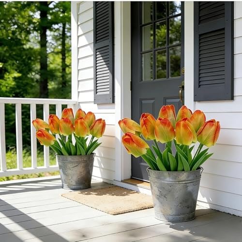 Orange Artificial Tulips for Vase, 48 Faux Tulip Flowers for Fall Centerpiece, Autumn Home Decor, Thanksgiving Table Arrangement & Rustic Farmhouse Decorations - Image 7