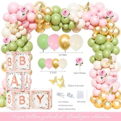 Baby in Bloom Baby Shower Decorations, Baby Shower Decorations for Girl, Flower Themed Backdrop Balloon Box Tablecloth Cake Topper Sash for Floral Baby Shower Decorations for Girl Pink Green - Image 3