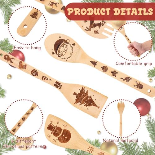 12 Sets Christmas Wooden Spoons Bridal Shower Favors Baby Shower Kitchen Utensils Set Wooden Spoons Waffle Towel and Christmas Tags Prizes for Xmas Party House Kitchen Supplies - Image 3