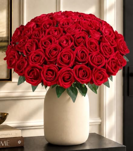 35 PCS Red Roses Artificial Flowers, Fake Roses with Stem Realistic Silk Rose for DIY Wedding Bouquets Table Centerpieces Arrangements Baby Shower Birthday Home Decor Valentines Day Gift for Her by HyeFloraartificialflowers