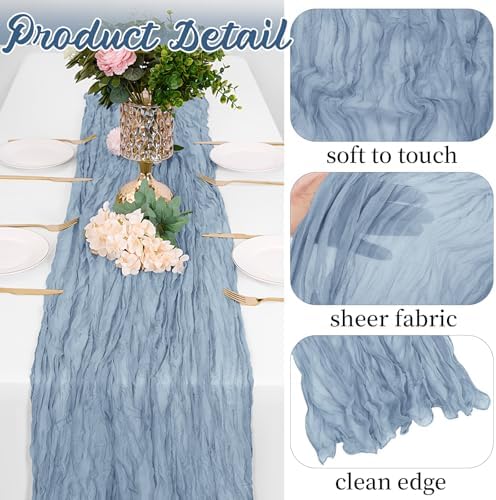 16 Pack Dusty Blue Cheesecloth Table Runners 20x120 Inch Gauze Table Runner Cheese Cloth 10FT Blue Table Runner Rustic Sheer Runner for Wedding Baby Shower Birthday Party Table Decor - Image 3
