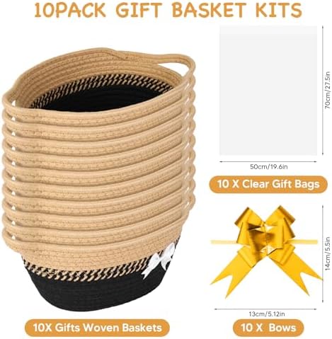 AFOROEOA 10PACK Black Brown Baskets for Gifts Empty, 12"x 8"x 5" Woven Gift Baskets with Gift Bags and Bows Empty Gift Baskets for Christmas Shelf Small Storage Baskets with Handles - Image 3