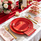 NOCCUR 350PCS Red Plastic Plates - Disposable Red Gold Dinnerware Set for 50 Guests, 100 Dinner/Dessert Plates, 150 Gold Silverware, 50 Cups&50 Napkins for Party/Wedding/Hibachi Party - Image 5