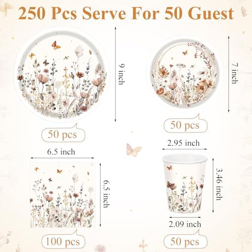 Wildflower Party Decorations, Paper Plates Napkins Cups Serve 50, Boho Fall - Image 3