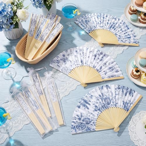 Briwooody 30 Set Blue Floral Hand Folding Fans with Organza Bags Bulk Chinoiserie Wedding Favors for Guests Blue and White Paper Fan for Bridal Shower Supplies Bridesmaid Gifts Party Decorations - Image 4