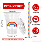 Whaline 50 Pcs 12 Oz Pastel Rainbow Disposable Plastic Cups with Lids and Straws Colorful Cold Beverage Drinking Cups for Birthday Baby Shower Party Supplies - Image 2