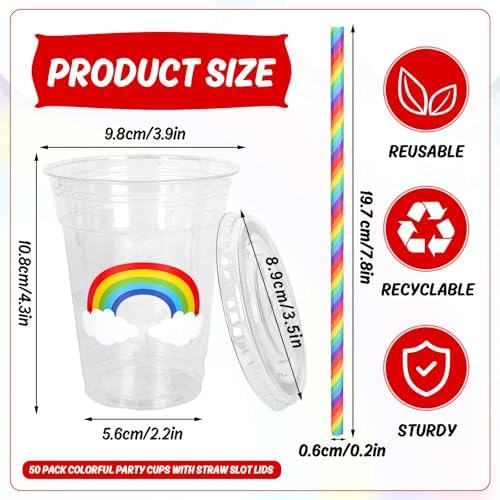 Whaline 50 Pcs 12 Oz Pastel Rainbow Disposable Plastic Cups with Lids and Straws Colorful Cold Beverage Drinking Cups for Birthday Baby Shower Party Supplies - Image 2