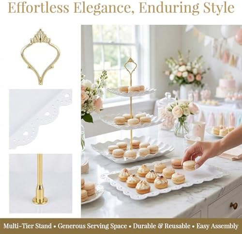 FUNSUEI 10 Pcs Dessert Table Display Set with 4 Lace Square 3-Tier Cake Stands and 6 Appetizer Trays, White Serving Trays and Display Stands for Birthday Wedding Tea Party Baby Shower - Image 4