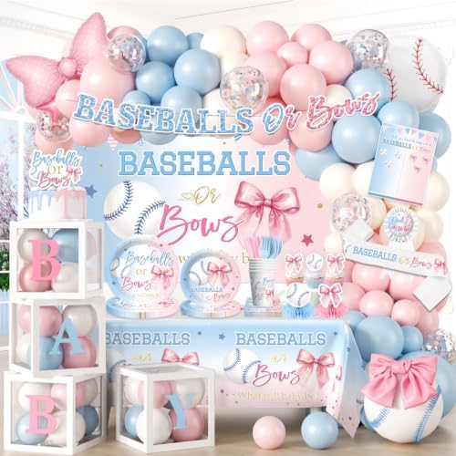 Cocomigo Baseballs or Bows Gender Reveal Decorations, Serves for 25 by cocomigoPartyHome