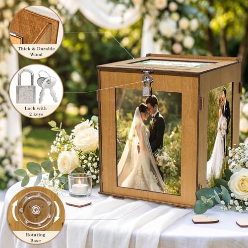 OurWarm Wooden Wedding Card Box with Acrylic Picture Frame, 360° Rotatable - Image 3