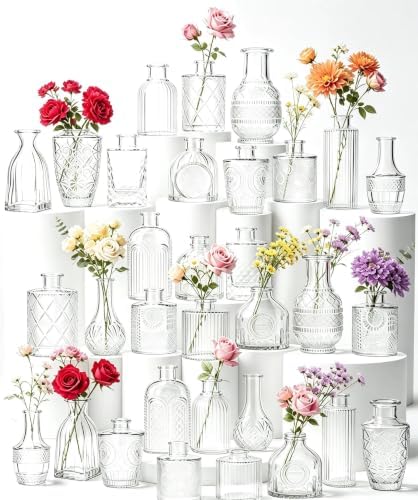 Mini Bud Vases Set of 32 As Wedding Centerpieces for Tables,Clear Bud Vases for Flowers,Small Flower Vases Suitable for Birthday Party,Anniversary,Wedding Reception,Baby Shower (Clear, 32PCS) by Zipper