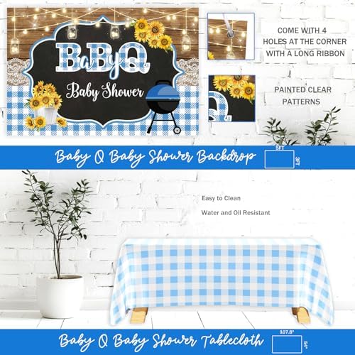 Baby Q Baby Shower Decorations for Boys, 128 PCs - BBQ Baby Shower Party Supplies with Blue Babyq Backdrop, Balloon Garland, Gingham Tablecloth, Cake Topper - Image 4