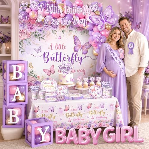 Butterfly Baby Shower Decorations for Girls A Little Butterfly Is On The Way Disposable Paper Plates,Balloons Arch,Napkin,Cake Topper,Backdrop for Pink Purple Butterfly Baby Shower Party Supplies - Image 2