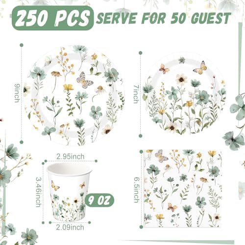 Wildflower Party Decorations, Paper Plates Napkins Cups Serve 50, Green - Image 3