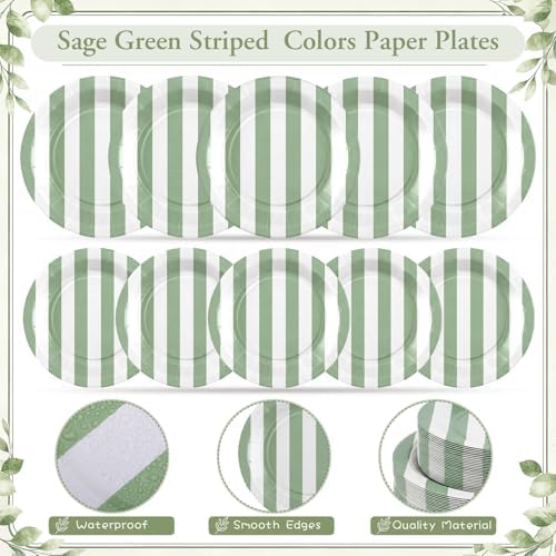 Mimorou 350 Pcs Sage Green and White Striped Party Tableware for 50 - Image 3