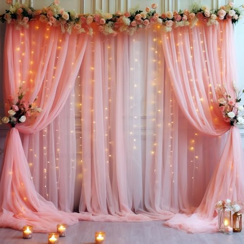 20x10ft Dusty Rose Tulle Backdrop Curtain with Lights String for Parites, Sheer Backdrop Curtains for Wedding Baby Shower Birthday Party Photo Shoot Decorations by Partisky