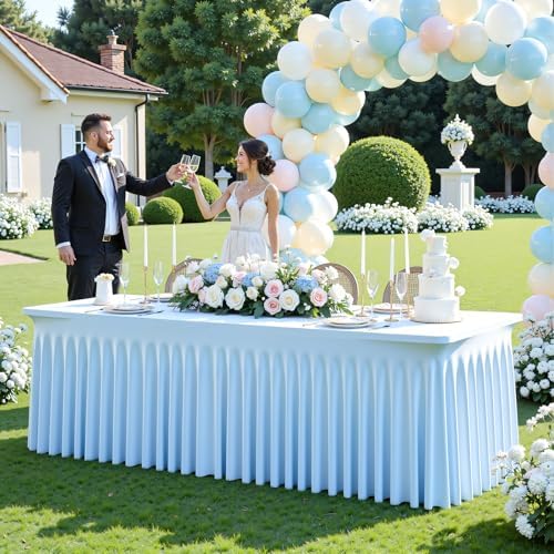 4 Pack Baby Blue Table Cloth for 8 Foot Rectangle Tables Spandex Fitted Tablecloth 8ft Stretch Table Covers Skirt Baby Blue Banquet Tablecloths Wrinkle Free Tablecloth for Party Wedding Birthday Event - Image 4