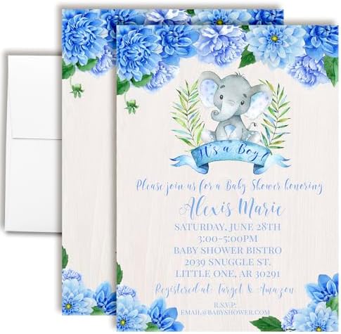 Elegant Blue Watercolor Dahlia Elephant Theme for Boy Baby Shower 20 Custom Invitations 5"x7" Personalized Fill-In Cards with Envelopes, Baby Shower Stationery Set, Made in USA by Amanda Creation by AmandaCreation