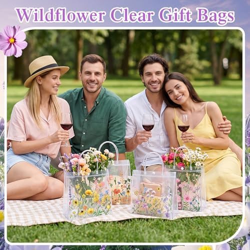 Canchiing 50 Pcs Wildflower Clear Gift Bags with Handles Reusable Spring Flower Treat Bags PVC Gift Wrap Totes for Floral Themed Baby Shower Wedding Birthday Party Favors, 7.9 x 7.9 x 3.1 - Image 5