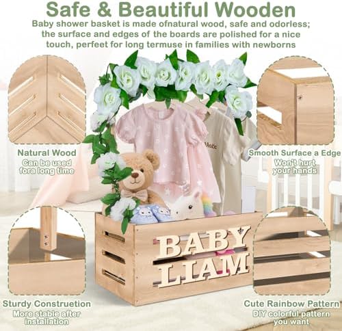 Wooden Baby Shower Crate Closet, Customizable Baby Basket with Hanger Rack and Garland, Gifts for New Parents, Baby Shower Decorations Boy Or Girl - Image 3