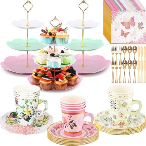 Layhit 83 Pcs Tea Party Set with 3 Tier Cake Stand Floral Tableware by ShungLan