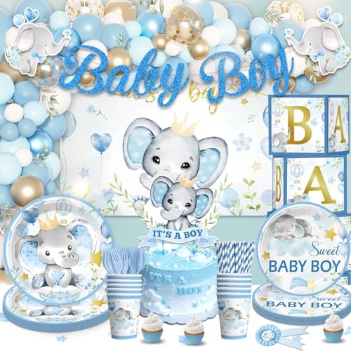 cocomigo 260PCS Elephant Baby Shower Decorations, All-in-1 Party Pack, Includes 20 Elephant Theme Tableware, Backdrop Tablecloth Balloon Kit for Baby Shower Decorations Boy - Image 4