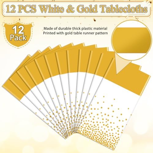 12Pcs White and Gold Tablecloth Party Decorations,Plastic White Table Cloth Printed Gold Table Runner Disposable Rectangle Tables Cover for Birthday Wedding Anniversary Graduation Party,54 x108 Inch - Image 2