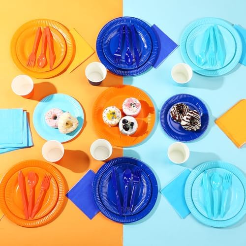 Ziliny 420 Pcs Orange Blue Plates Cups Napkins Sky Blue, Orange - Image 3