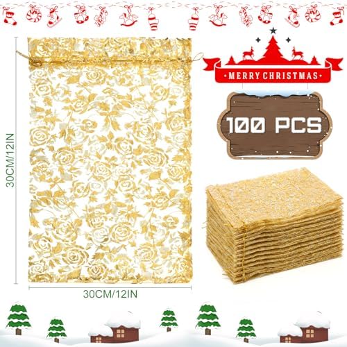 Kigeli 100 Pcs 8 x 12 Inch Large Organza Gift Bags Wedding Party Favor Candy Toys Makeup Pouches Gift Drawstring Jewelry Bag for Wedding Baby Shower Christmas Party Favors(Gold,Rose) - Image 2
