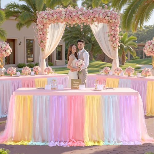 4 Pack 6ft Rainbow Tulle Tablecloths for Rectangle Tables, 6 Foot Rainbow Rectangular Table Cloth Wrinkle Free Tablecover with Tutu Skirt for Baby Shower Girls Birthday Party Banquet Buffet Cake - Image 3