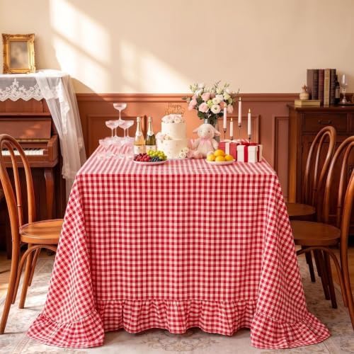 Eternal Beauty Gingham Ruffled Tablecloth Red White 60x120 Christmas Fall - Image 3