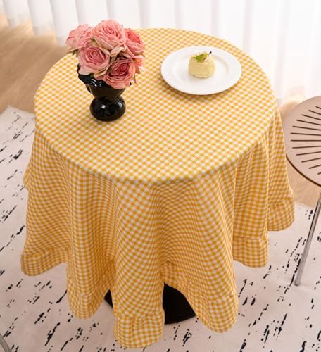 vctops Farmhouse Yellow Plaid Ruffle Table Cloth, Boho Cotton Linen Tablecloth, Washable Table Cover for Round Table Baby Shower Kitchen Party Wedding Decor (Yellow,70") - Image 2