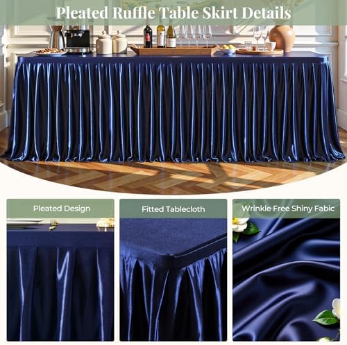 6 Packs Navy Blue Satin Tablecloths Rectangle 6FT, Glitter Fitted Stretch Table Covers Wrinkle-Free Floor Length Shimmer Table Skirt for Weddings Parties Baby Shower Banquets Vendor Events - Image 2