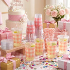 Funnymoom 50 Sets 20 oz Pink Gingham Plastic Cups with Lids & Paper Straws - Image 4