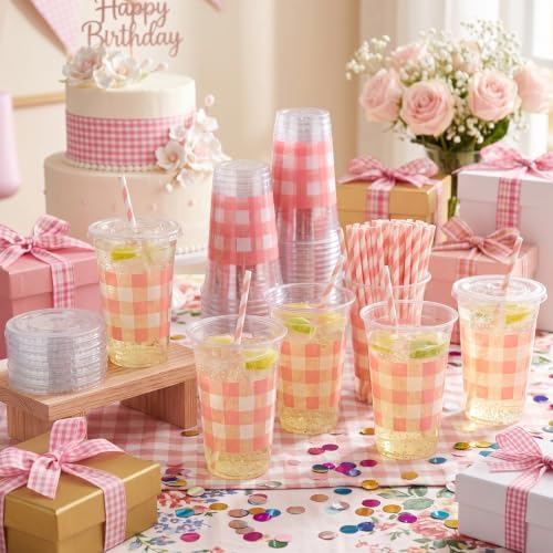 Funnymoom 50 Sets 20 oz Pink Gingham Plastic Cups with Lids & Paper Straws - Image 4