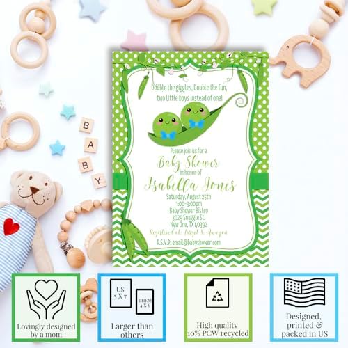 Amanda Creation Custom Baby Shower Invites Cute Pea Pod Invitation 20 5x7 Personalized Twin Boy Baby Shower Invitation Cards With Envelopes - Image 2