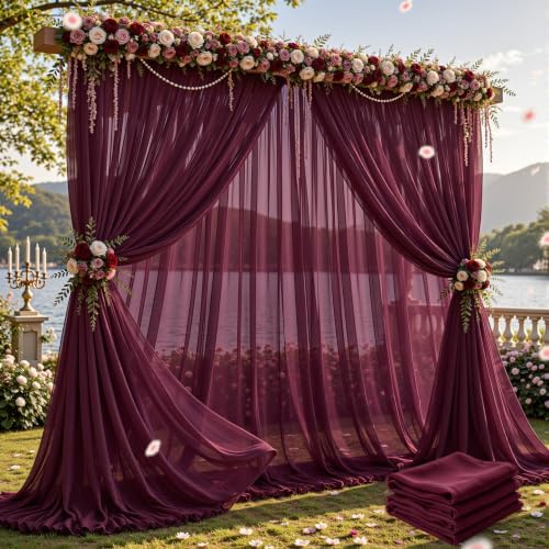 20ft×10ft Wrinkle Free Burgundy Backdrop Curtain Drapes, 4 Panels 5ftx10ft Sheer Tulle Chiffon Backdrop Panels Curtains for Wedding Baby Shower Birthday Party Stage Photo Home Decorations by Unknown