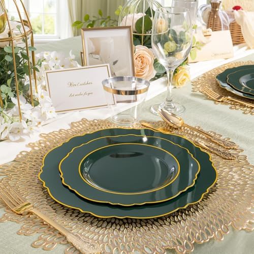 Liacere 350PCS Green Plastic Plates - Dark Green Disposable Plates With Gold Rim - 50Guest Baroque Plastic Dinnerware include 100Plates-50Pcs Pre Rolled Napkins with Silverware 50Cups for Party - Image 5
