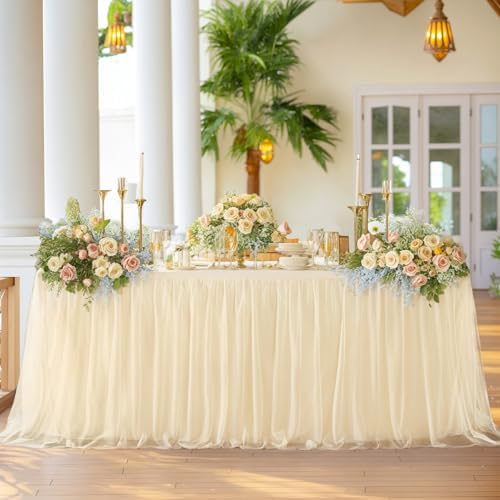 Champagne Tablecloth for 8 Foot Rectangle Tables, Ruffle Tulle Table Skirt for Rectangle Table 8ft Tables Cover Fitted Banquet Birthday Party Wedding Tablecloth Elastic Stretch - Image 5