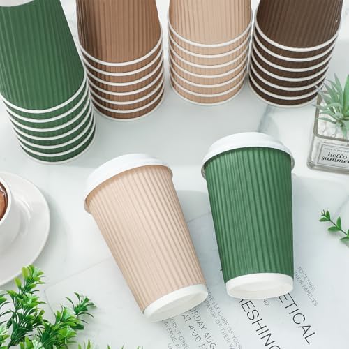 Whaline 100 Pcs Woodland Themed Disposable Coffee Cups with Lids 16 Oz Brown Green Paper Cup Corrugated Ripple Wall Insulated Hot Cup for Home Office Party Supplies - Image 3