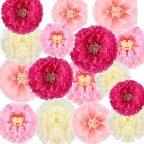 Pack of 12 Paper Flowers Pompoms Decoration, Paper Flowers Pink Decoration, Room Decoration Aesthetic for Tissue Paper Garden Party Decoration, Birthday Decoration Pastel Girls, Wedding, Baby Shower by Jinsion
