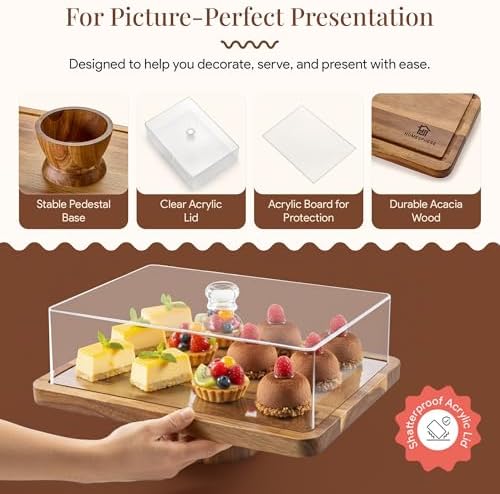 HOMESPHERE Acacia Wood Cake Stand with Lid, 2-in-1 Charcuterie Board, 17x13 - Image 3