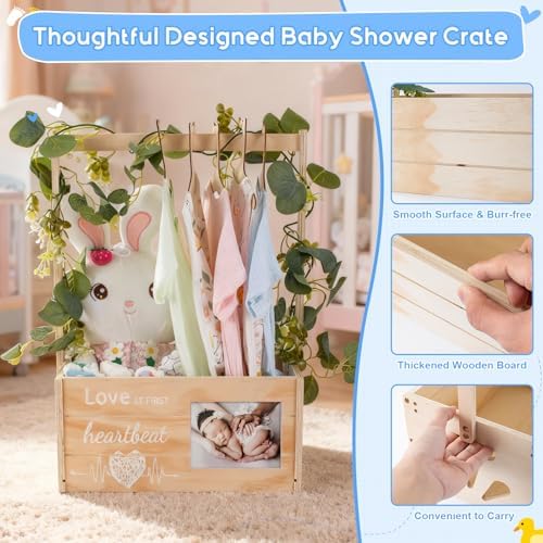 Wooden Baby Shower Crate Closet, Personalized Baby Shower Basket with Wreath & Hanger, Love at First Sight Sonogram Picture Frame, Easy Assembly Baby Clothes Storage Box for Pregnancy Gift - Image 6
