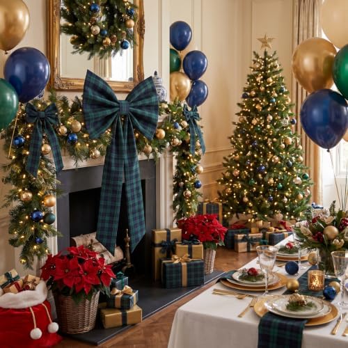 5.5 ft Green Blue Tartan Plaid Bow Large Christmas Tree Topper Bow - Image 4