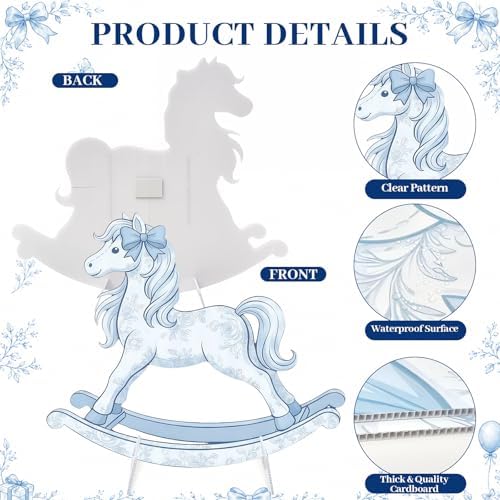 3Pcs Blue Toile de Jouy Baby Shower Decorations, Blue Bear Rocking Horse Carriage Cardboard Cutouts Gender Reveal Photo Booth Props Corrugated Plastic Nursery Toile De Jouy Decor Birthday Party - Image 3